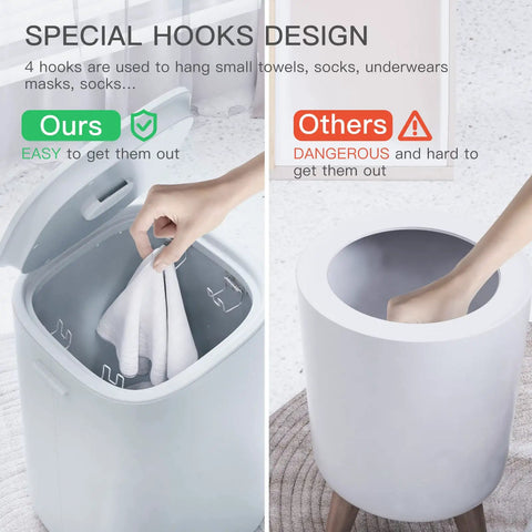 Comparison of bucket style towel warmer with hooks showing easy access; focus: Bucket Style Towel Warmer With LED Display, 26L Capacity.