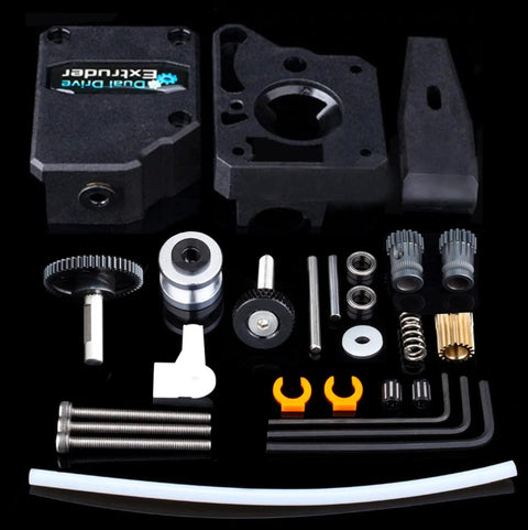 Dual Drive Geared Extruder Upgrade Kit for 1.75mm Filament with RNC Nano Coated Gear, Universal Mount, components displayed