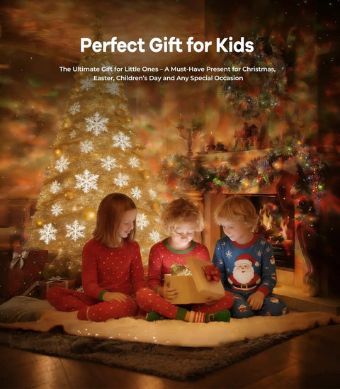 Three kids in pajamas under a Christmas tree, illuminated by Dinosaur Egg Galaxy Star Projector Nebula Night Light With Remote And Timer.