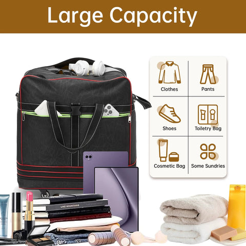 Front view of a black foldable rolling duffel bag with wheels and handle, expandable