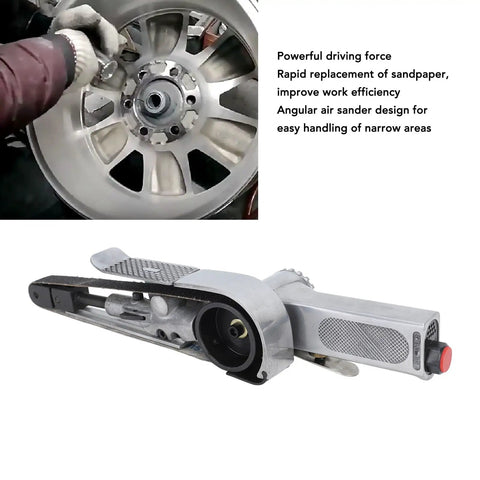 Compact Mini Air Belt Sander With Variable Speed Pneumatic Angled Grip Includes Two Sanding Belts Slick Handheld Power Tool For Wood And Metal Work That Finishes Jobs With Zero Fuss, angled grip design for wheel refinishing.