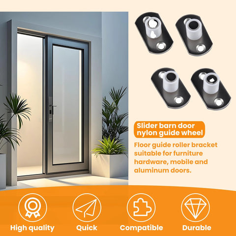 Heavy Duty Sliding Barn Door Floor Guide With Nylon Wheel 4 Pcs Pocket Door Bottom Guide Rollers on display next to a door