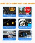Signs of a defective ABS sensor, including warning light, increased stopping distance, and loss of stability.