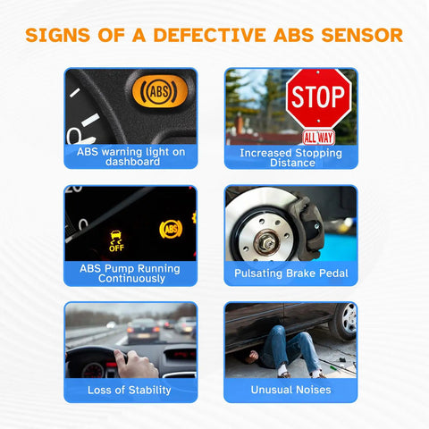 Signs of a defective ABS sensor, including warning light, increased stopping distance, and loss of stability.