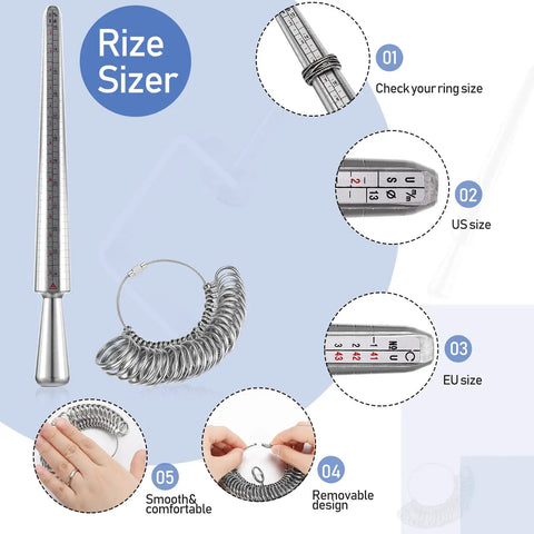 All In One Jewelry Making Tool Kit With Ring Size Mandrel and measuring rings, showing US and EU sizes for ring crafting.