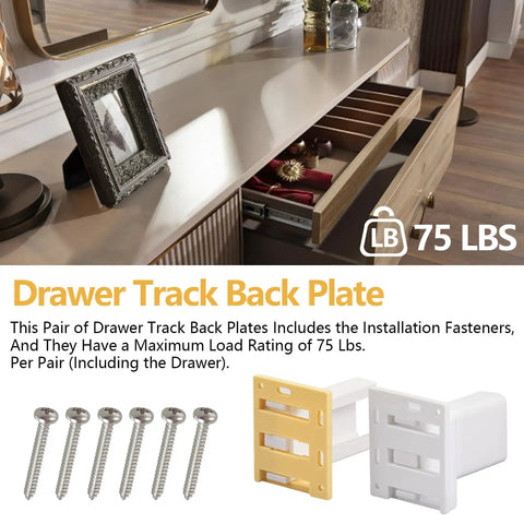 Built Tough Two Pack Drawer Slide Sockets And Track Back Plates, C Shape Mount For One Inch Cabinet And RV Drawer Rails, Durable Nylon Brackets With Six Screws displayed on a countertop.