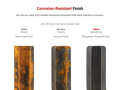 Comparison of corrosion-resistant finishes on L-keys after 45 hours in saltwater, highlighting Tekton manganese phosphate finish.