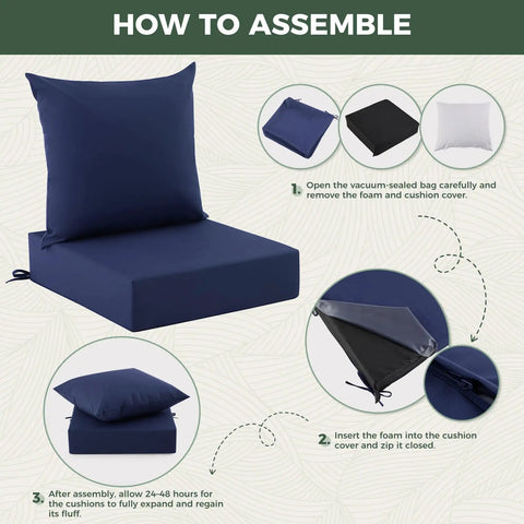 Assembly guide for Deep Seat Outdoor Cushions Set For Patio Furniture 24 X 24 X 5.75 Inches Waterproof And Fade Resistant Navy Blue