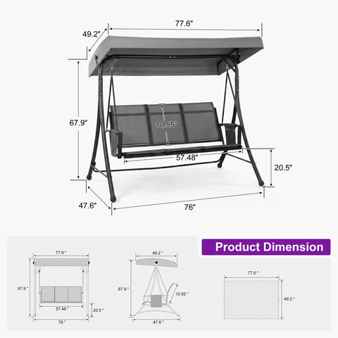 Three Seat Patio Swing With Adjustable Tilt Canopy, Easy Setup Metal Frame On Stand, All Weather Outdoor Swing Chair dimensions