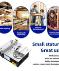 Solid Little Workhorse Compact Mini Table Saw With Variable Speed Trigger Precision Gauge And 45 Degree Bevel Cut Built Tough For Plug And Play DIY Wood And Metal Crafts Anywhere on a workbench with usage highlights.