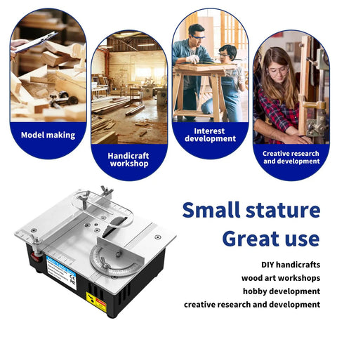 Solid Little Workhorse Compact Mini Table Saw With Variable Speed Trigger Precision Gauge And 45 Degree Bevel Cut Built Tough For Plug And Play DIY Wood And Metal Crafts Anywhere on a workbench with usage highlights.