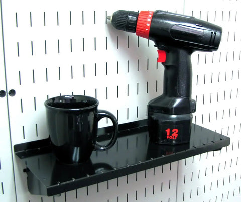Deep 6 Inch Pegboard Shelf Assembly for Black Pegboard System with drill and mug for garage organization.