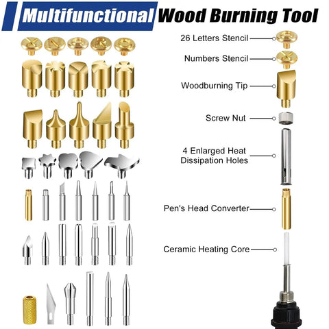 All In One Wood Burning Kit 163 Pcs With Pyrography Pen And Adjustable Temperature tips and stencils shown.