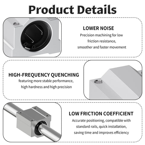 FOCMKEAS 4x SCS8UU linear ball bearings, 8mm ID × 30mm length, aluminum slide blocks with double seals.