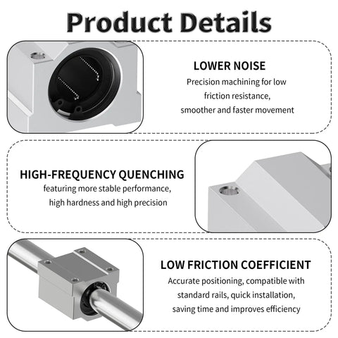 Go-To SCS10UU 4 Pack Linear Ball Bearing Set with aluminum slide block and details on precision, noise reduction, and friction