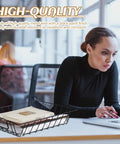 Office desk with woman working on laptop, featuring Six Pack Metal Letter Tray Set Stackable Wire Paper Organizer for organizing files.