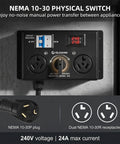 Nema 10-30 EV Charging Switch with LCD monitor, circuit breaker, and dual receptacles, 240V, 24A max draw.