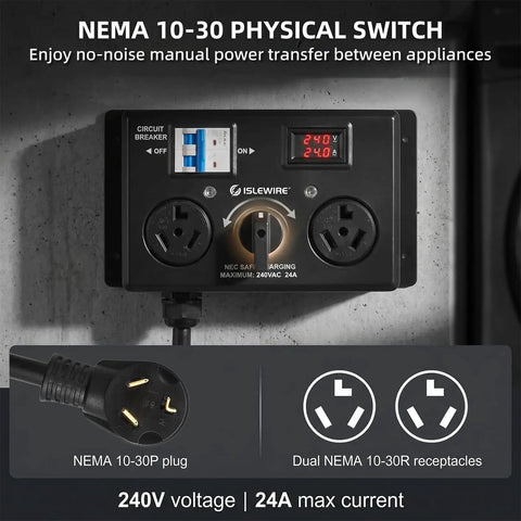 Nema 10-30 EV Charging Switch with LCD monitor, circuit breaker, and dual receptacles, 240V, 24A max draw.