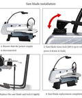 Heavy Duty Desktop Curve Saw Cuts Wood And Steel Without Breaking A Sweat Corded Electric Jig Tool With Dust Free Shield And Effortless Angle Tweaks, showing saw blade installation steps.