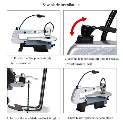 Heavy Duty Desktop Curve Saw Cuts Wood And Steel Without Breaking A Sweat Corded Electric Jig Tool With Dust Free Shield And Effortless Angle Tweaks, showing saw blade installation steps.