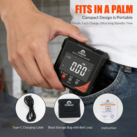 4-Side Magnetic Digital Angle Gauge With Laser in hand, backlit display, Type-C cable, storage bag, instructions shown