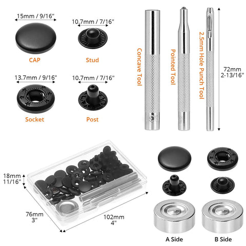 12 Piece Leather Snap Fasteners Kit Built Tough 15Mm Brass Snap Buttons Press Studs With Setting Tools Rivets And Snaps For DIY Crafts And Clothing Black, showing components and tools