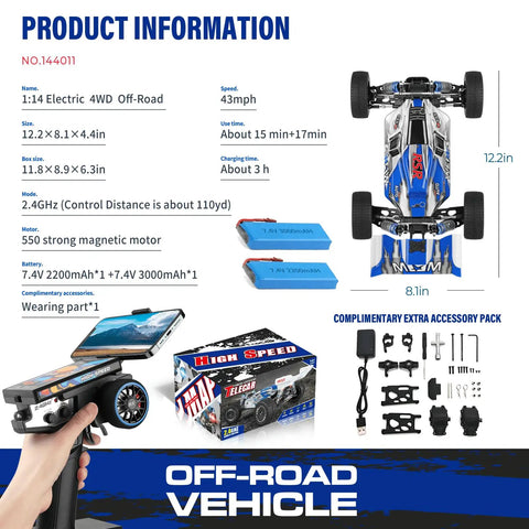 1/14 Scale 4WD RC Car For Adults With Upgraded Metal Chassis And Zinc Alloy Gears Reaches Up To 43 MPH On Off Road Trails displayed with accessories.