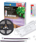 Hardwire 24V RGB Plus White LED Strip Light Kit Multicolor 16 Ft Cuttable And Reconnectable With Included Connectors shown with packaging, remote, power supply, and strip connectors.