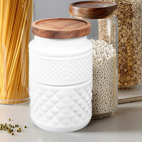Dope Vintage Matte White Glass Canisters Set With Solid Wood Airtight Lids For Coffee Beans Tea And Grains on countertop.
