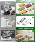Cordless 5-In-1 Electric Pasta Maker Machine showing molds and cleaning features, compact design for quick meals.