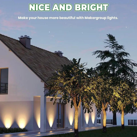 Night view of house with Top Notch MR11 GU4.0 BiPin LED Bulb 3W 12V AC DC Low Voltage Spotlight, trees and exterior lighting.