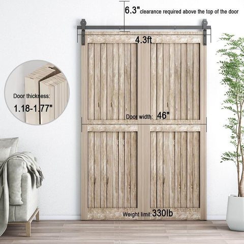 52 Inch Bi Folding Sliding Barn Door Hardware Kit For Two Doors With J Shape Hangers Fits 46 Inch Door Opening installed view