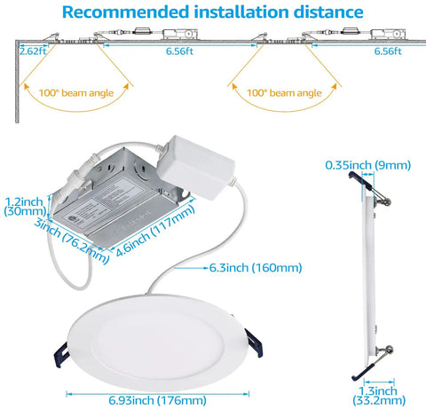 Dimensions and angles of Smart 6-Inch Recessed Lighting Kit With J-Box 4 Pack Voice Control RGB for modern homes and basements.
