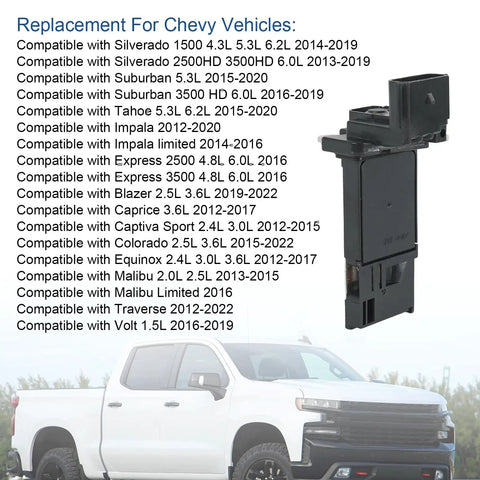 Mass Air Flow Sensor Replacement For Chevy Silverado Tahoe Traverse 2014-2020 Fitment For GM Trucks And SUVs Durable OEM-Quality MAF Sensor For Better Idle And MPG, black plastic