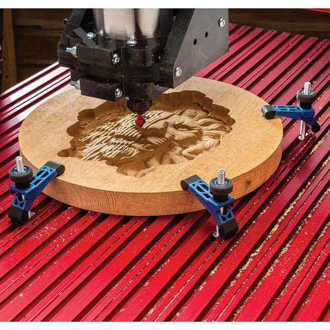 Mini Bit Saver Hold Down Clamps 3-1/4 Inch Long By 3 Quarter Inch Wide 2 Pack securing wood on CNC router table.
