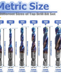 Six-piece Mesee HSS tap drill bit set (M3–M10) with blue coating and hex shanks.