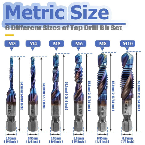 Six-piece Mesee HSS tap drill bit set (M3–M10) with blue coating and hex shanks.