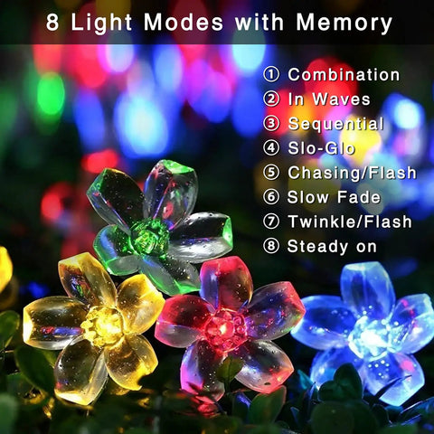 Outdoor Solar Cherry Blossom String Lights 2 Pack, 30.6 Ft Each, 50 LED Multicolor Flower Lights for Garden Patio Yard Tree