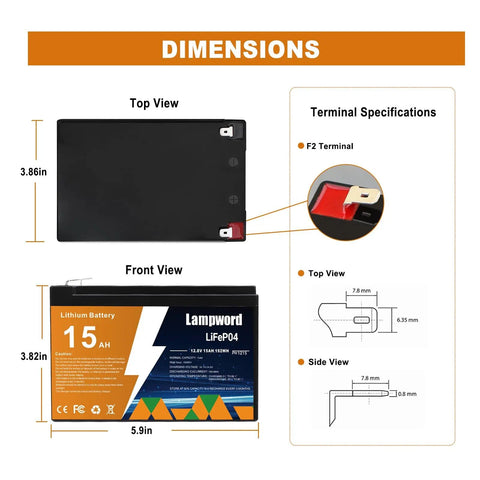 12V 15Ah LiFePO4 Deep Cycle Battery With Charger dimensions and terminal specifications diagram
