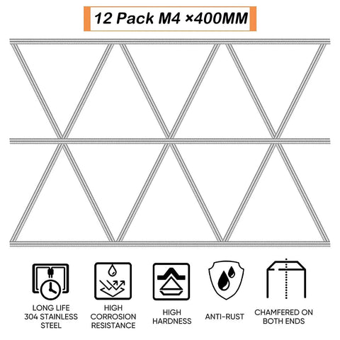 12-pack M4 x 400mm stainless steel threaded rods with hex nuts for garden stakes