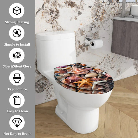 Elongated Quiet Close Toilet Seat for Home Bathroom with seashell design, 14.5" x 18.5", easy to install, ergonomic.