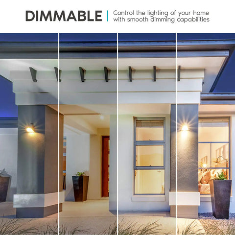 A21 LED Bulbs 150 Watt Equivalent, 2550 Lumens, 3000K Soft White, Dimmable, demonstrating various brightness levels on a porch.