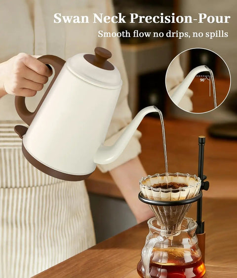 Gooseneck Electric Kettle For Pour Over Coffee And Tea, 1L Capacity, 1000W Fast Boil, 304 Stainless Steel BPA Free, Retro White Design