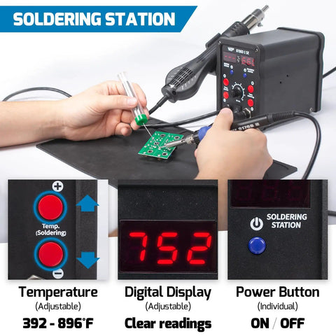 Hands using 2 In 1 Hot Air Rework Soldering Station Kit with desoldering tool, digital display, and circuit board