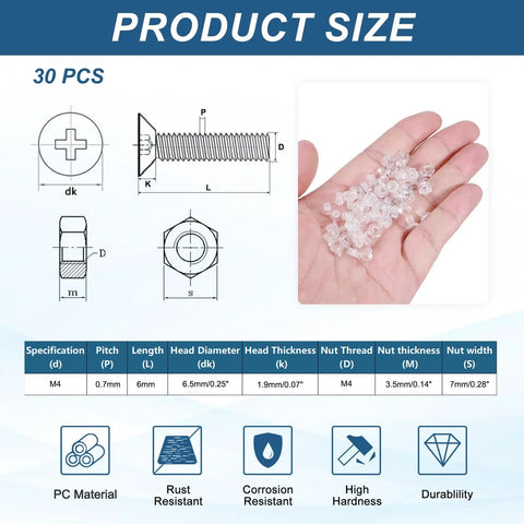 Rock Solid Clear Acrylic Bolts And Hex Nut Kit M4 X 6Mm Plastic Machine Screws in a hand with size diagrams and specs.
