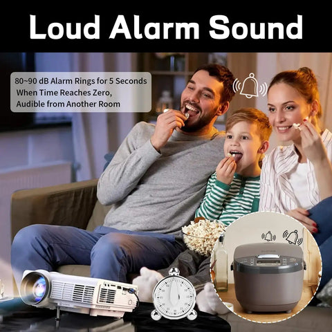 Family enjoying movie night with 60 Minute Mechanical Kitchen Timer With Loud Alarm No Batteries Needed Visual Countdown Timer inset.