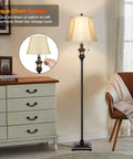 Retro Chic Classic Floor Lamp With Bronze Fabric Shade in living room setting with pull chain switch.