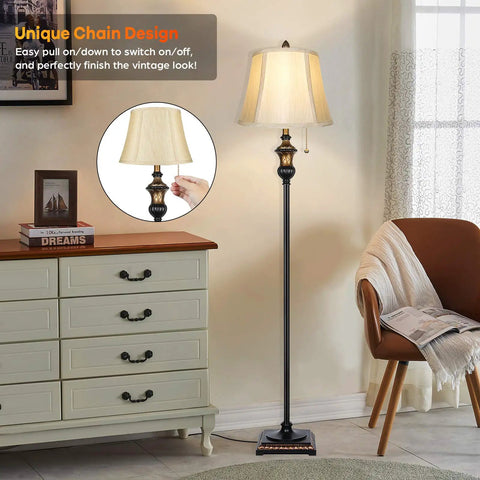 Retro Chic Classic Floor Lamp With Bronze Fabric Shade in living room setting with pull chain switch.