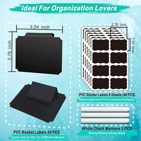Ultimate 81 Piece Basket Label Kit With Clip On Labels 30 Erasable Pantry Labels 48 Removable PVC Stickers And 3 White Chalk Markers