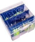 Big Mouth Spinnerbait Box Tackle Organizer With Four Compartments Holds Up To Sixty Spinnerbaits, clear view storage with lures inside.